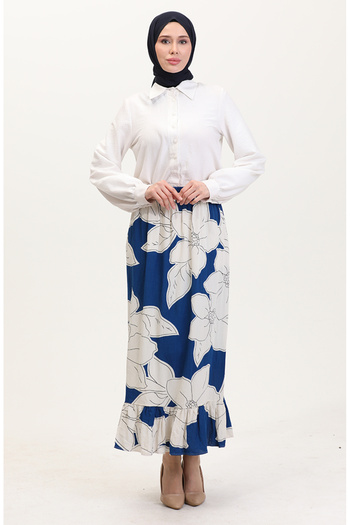 sefamerve Viscose Fabric Elastic Waist Ruffle Skirt 2012E-01 Navy Blue