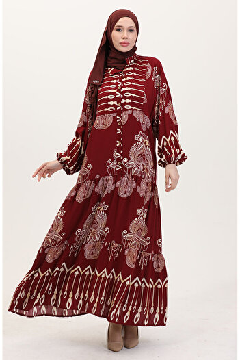 sefamerve Viscose Fabric Patterned Buttoned Dress 2014-01 Burgundy