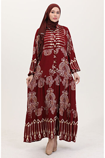 sefamerve Viscose Fabric Patterned Buttoned Dress 2014-01 Burgundy