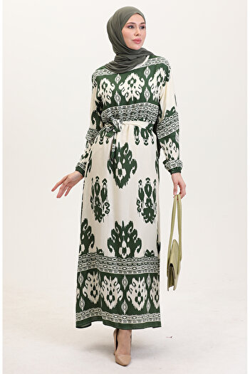 sefamerve Φόρεμα βισκόζης με σχέδια - 0006-05 Emerald Beige