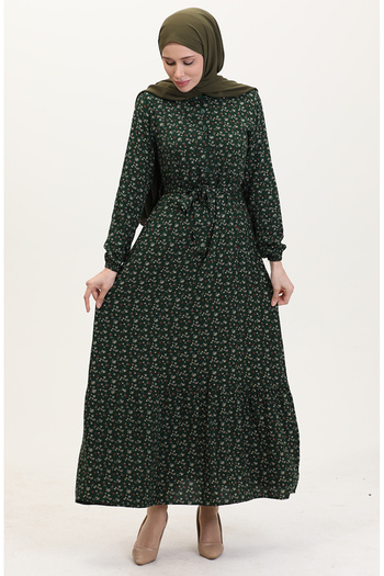 sefamerve Viscose Fabric Half Button Patterned Dress 4069-05 Emerald Green