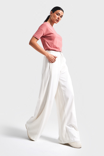 its basic Women's Ecru Color Palazzo Fit Stripe Detailed Cotton Fabric Relaxed Cut Design Trousers