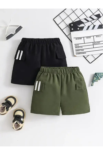 Entel 2 Pack Men's Summer Cargo Shorts - Black & Green, Elastic Waist