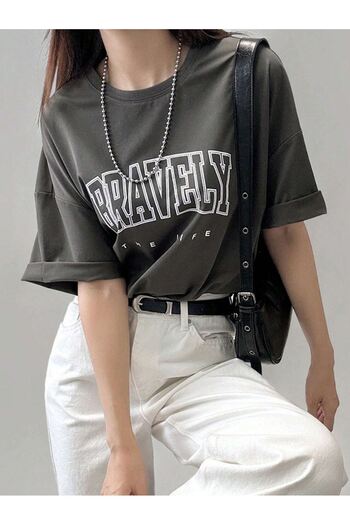 VBSVİBES Μπλουζάκι Bravely Single Jersey - Σκούρο καπνιστό εμπριμέ κοντομάνικο μπλουζάκι με λαιμόκοψη
