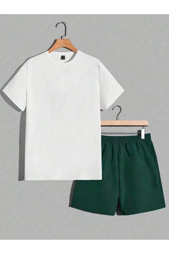 Sweetline Smile Often T-Shirt Shorts - White Green Bottom Top Team Shorts T-Shirt Combination Printed Crew Neck