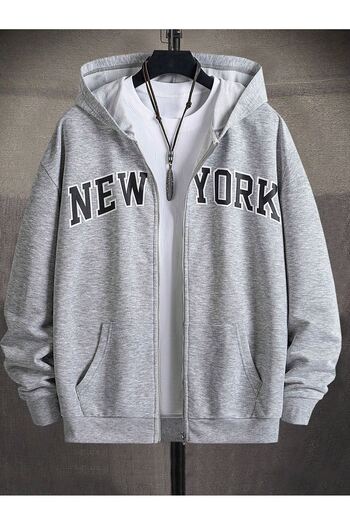 VBSVİBES New York Zippered Cardigan Sweatshirt - Gray Printed Oversize Winter Thick Hoodie