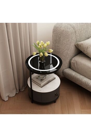 Danube Home Ezmil 1 Drawer Round NightStand W/Wireless Charger,Led Light BedSide Table-Black/White L46xW46xH55cm