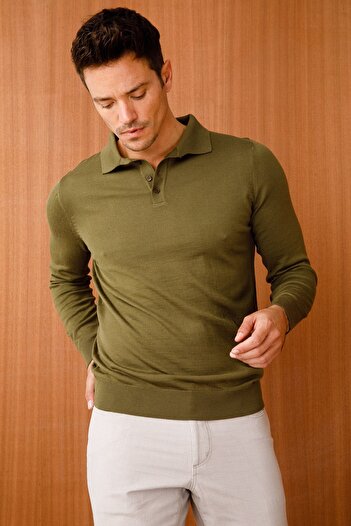 Desen Triko Men's Basic Polo Neck Slim Knit Sweater Khaki