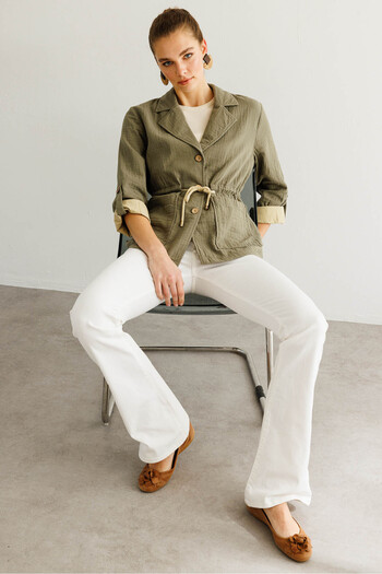 Desen Triko Women's Tied Waist 100% Cotton Jacket Khaki