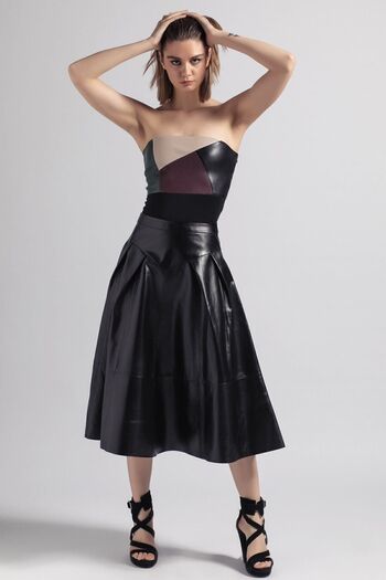 Deriderim Black Women's Flared Pleated Back Zip Unlined Long Genuine Leather Skirt