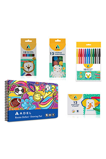 Adel 4’lü Set,Resim Defteri 25x35,Kuru Boya,Keçeli Kalem,Pastel Boya,Suluboya(Karma Renk Gönderilir)