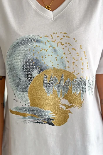 FEMELLE Women's White V-Neck Plus Size Sequin Sequin Embroidered 100% Cotton T-Shirt