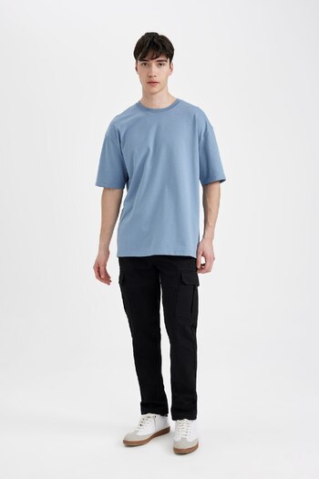 DeFacto Oversize Wide Fit Crew λαιμόκοψη βαρύ ύφασμα κοντό μανίκι Basic μασίφ μπλουζάκι X3926az24au