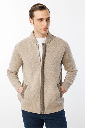 Desen Triko Men's Pique Woven Zippered Pocket Knitwear Coat Dark Beige