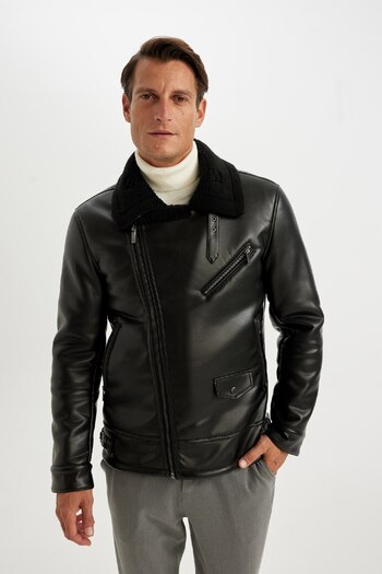 DeFacto Water Repellent Slim Fit Faux Leather Coat - Zippered and Pocketed, Lined A4392Ax24Wn