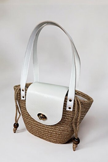 MaVaux Lily Genuine Leather Inner Lined Jute Straw Look Shoulder Bag