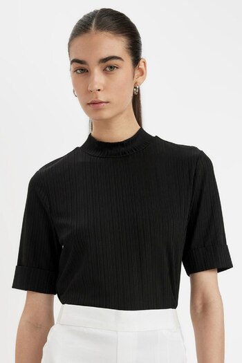 DeFacto Regular Fit Half Turtleneck Basic Plain Ribbed Camisole Short Sleeve Black T-Shirt B1177Ax24Au