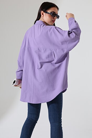 Corradeo Giyim Poplin Fabric Double Pocket Oversize Cotton Purple Women's Tunic Shirt