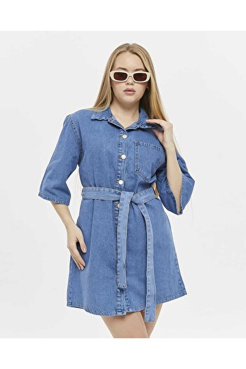 SHEVEGA Women's Blue Belted Single Pocket Short Denim Dress