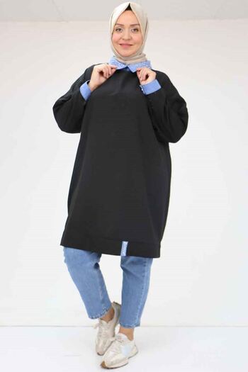 Eslina 58005 Large Size Tunic with Stone Detail on Collar and Side Slits - Black