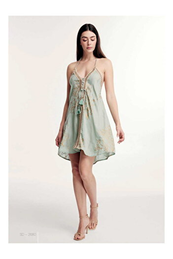 LaraLisa Collection Back Low-Cut Rope Strap Varak Patterned Women's Summer Dress