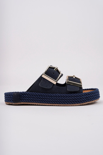 meyra'nın ayakkabıları Women's Navy Blue Orthopedic Sole Double Buckle Straw Slippers