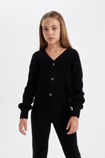 DeFacto Girl's Basic V-Neck Buttoned Black Knitwear Cardigan 25K801T01752