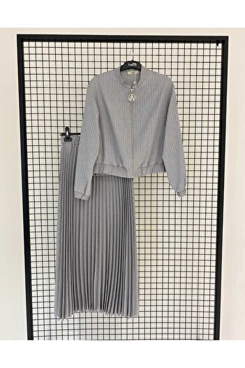 Armine TREND Judge Collar Striped Zippered Skirt and Elastic Waist Pleated Skirt