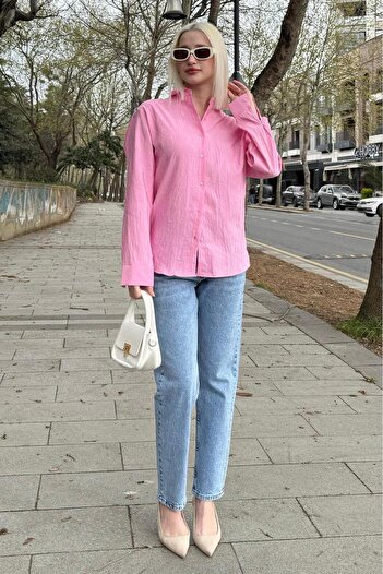 Madmext Pembe Kırışık Desen Kadın Gömlek MG2313