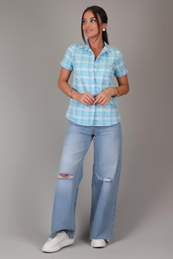 SWEETNESS Women's Blue Checkered Short Sleeve Cotton Shirt Dk-1190