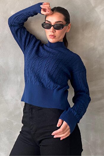 Madmext Indigo Half Turtleneck Braided Knitwear Women's Sweater Mg2257