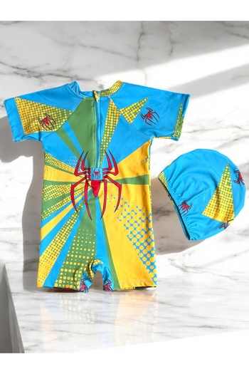 Lyrax Spiderman Patterned Boys' Protected Swimwear, Swimming Cap (Set of 2)