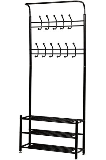 Generic Metal Clothes Hanger Organizer and Clothes Rack with Hooks and 3 Shoe Racks | Black 190x81x30 cm