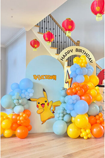 Çemrek Süs Parti Yellow Orange Blue Winter Green Balloon Chain Set 100 Pieces Pikachu Concept