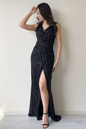 zks grup tekstil Women's Double Breasted Collar Sequin Zero Sleeve, Black, Mink, Red, Beige, Turquoise Fish Evening Dress