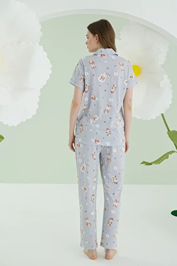 NBB Gray Women's Pajamas Set - Cotton, Front Button, Short Sleeve, Bear Heart Star Printed