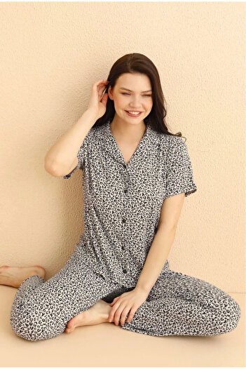 MOJADON Leopard Buttoned 100% Viscon Pajama Set