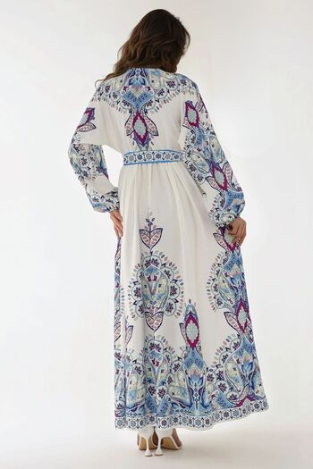Hiccup Printed V-Neck Belted Modest Dress