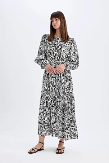 DeFacto Crew Neck Patterned Viscose Basic Long Sleeve Maxi Dress D2778Ax24Hs