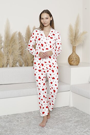 ETHEM TEKSTİL Long Sleeve Milan Pajama Set White Heart Mother-Daughter Combin