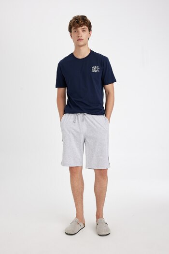 DeFacto Crew Neck Print Pajamas Set - Short Sleeve, Elastic Waist, Basic Top and Solid Shorts D0935Ax24Au