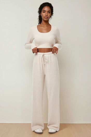 Hiccup Yumoş Long Sleeve Basic Top & Wide Leg Elastic Waist Trousers Two-Piece Comfortable Set