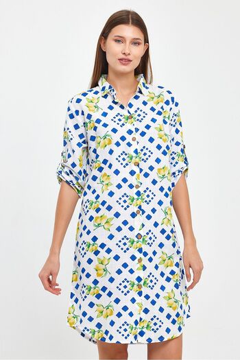 TCT TEKSTİL Patterned Three Quarter Sleeve Tunic - Full Button - Slub Tunic - 1550