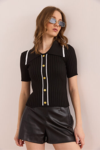 Olalook Women's Black Polo Neck Button Detailed Crop Knitwear Blouse Blz- 19002642