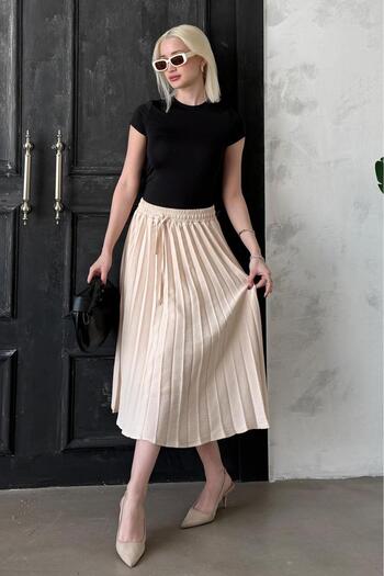 Madmext Beige Pleated Midi Length Women's Skirt Mg2393