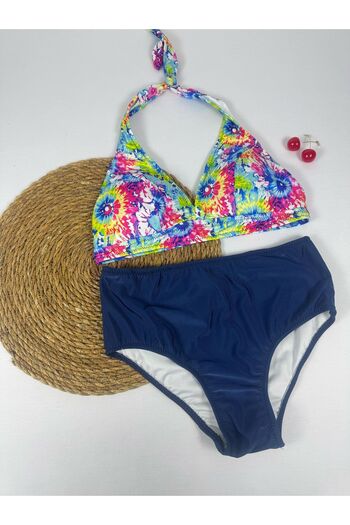 FUNELLA Set de bikini elegant cu model Tie-Dye, cu talie înaltă, cu gât