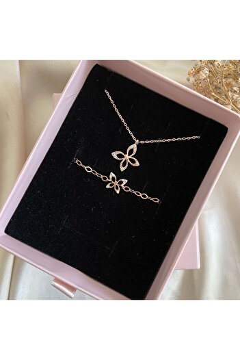 Lovera Jewellery 925 Ayar Gümüş Rose Zirkon Taşlı Kelebek Set (KOLYE,BİLEKLİK) Kadın Özel Gün Doğum Günü Hediyesi