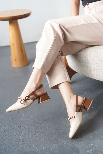 GOFFSHOES Kadın Maste İncili Kısa Topuklu Ayakkabı - Ten-Taba
