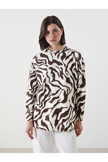 LC Waikiki Lcw Modest Brown Patterned Oversize Women's Sweatshirt Tunic