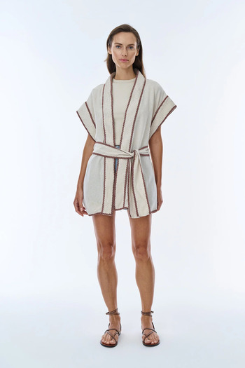 Quzu Natural Linen Kimono - Embroidered Detailed and Tied
